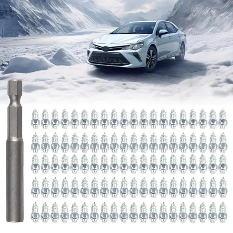 Car Tire Spikes Tire Spikes Cleats 100X Studs Snow Tungsten Steel Anti-Ice Studs With Installation Tool For Car