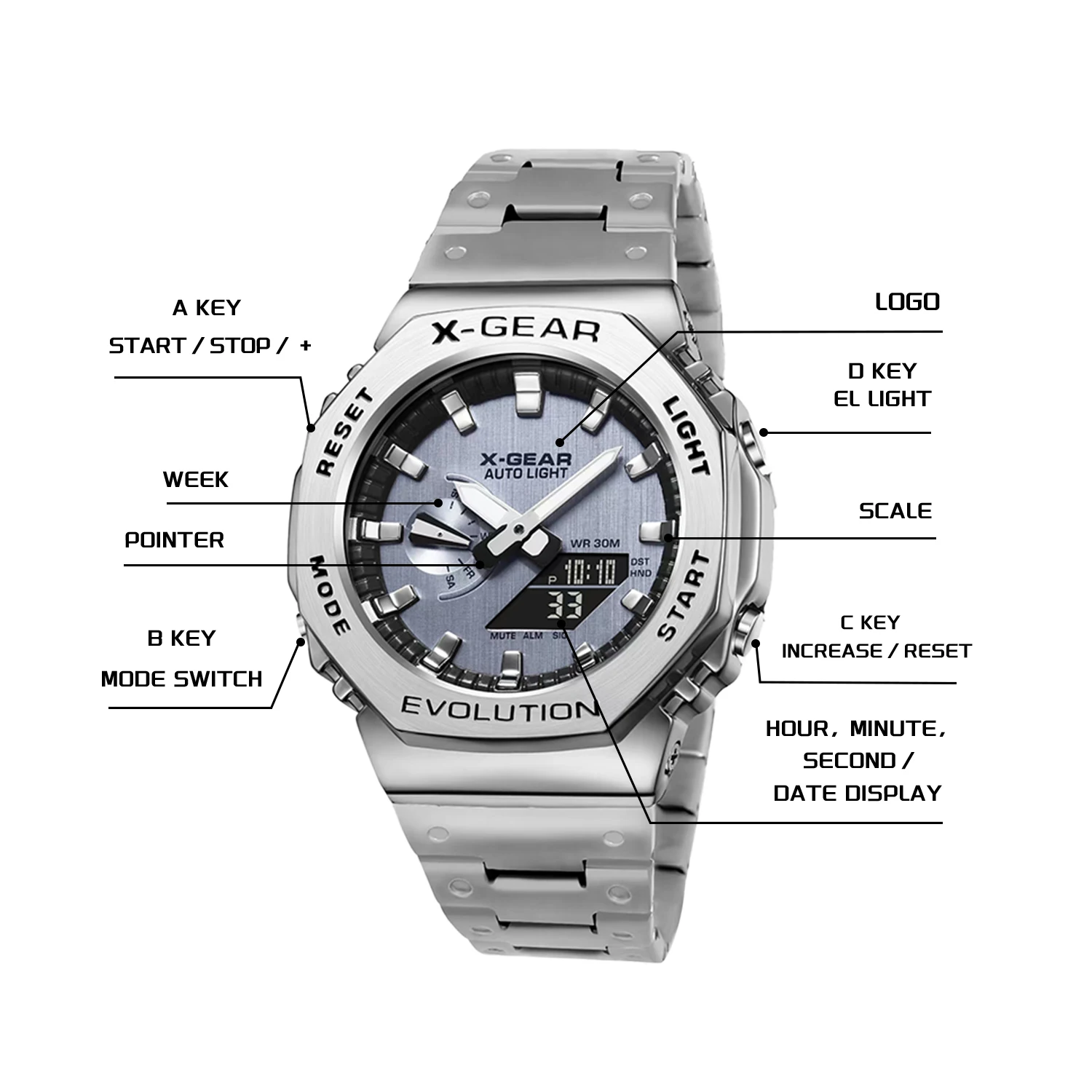 X-GEAR Dual Display Unisex Sports Watch with LED Alloy Design and Steel Strap