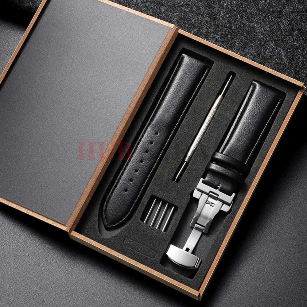 Elegant Genuine Leather Watchband with Butterfly Buckle - Premium Wrist Strap for Men and Women in Gift Box