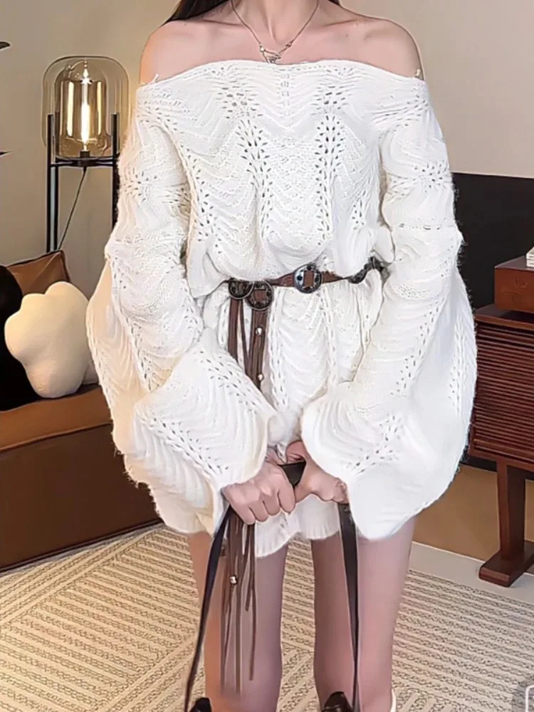 New Elegant Ladies Sweater One Shoulder Irregular Hollow Lace Long Sleeve Sexy Knitted Long Top