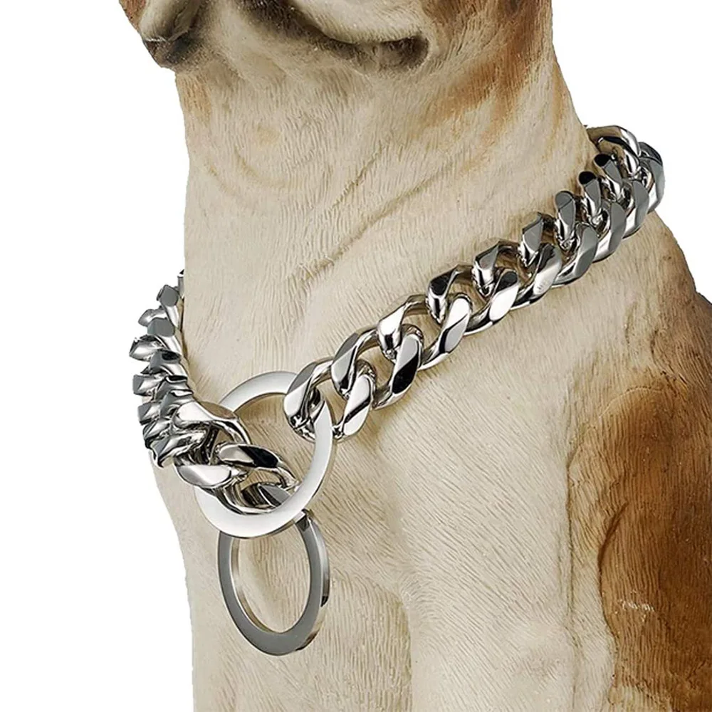 Dog Chain Collar 15MM Width Cuban Link Chain for Dogs Strong Smooth Stainless Steel Metal Pet Training Slip dog collar pet collar