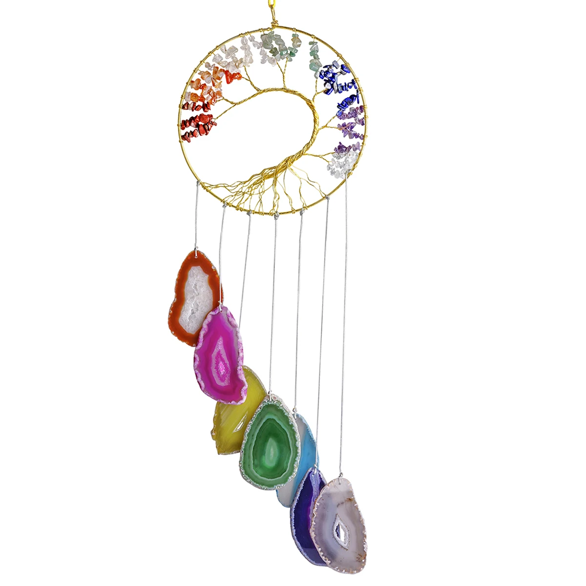 Healing Reiki 7 Chakra Natural Crystal Tree Of Life Agate Slices Wind Chimes Handmade Wall Hanging Ornaments Home Decoration