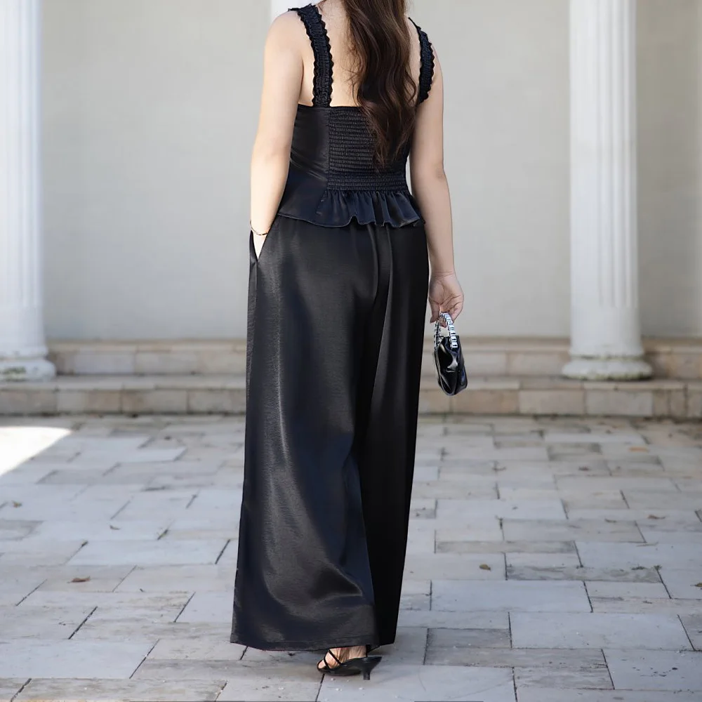 Island Drape Effect Satin Loose Casual Wide Leg Pants Premium Plus Size Women Summer Elastic Waist Long Trousers 9110