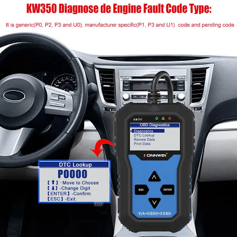 KONNWEI KW350 OBD2 Car Code Reader Scanner Auto Diagnostic Tools for VAG Full System ABS Airbag Oil Light Reset EPB