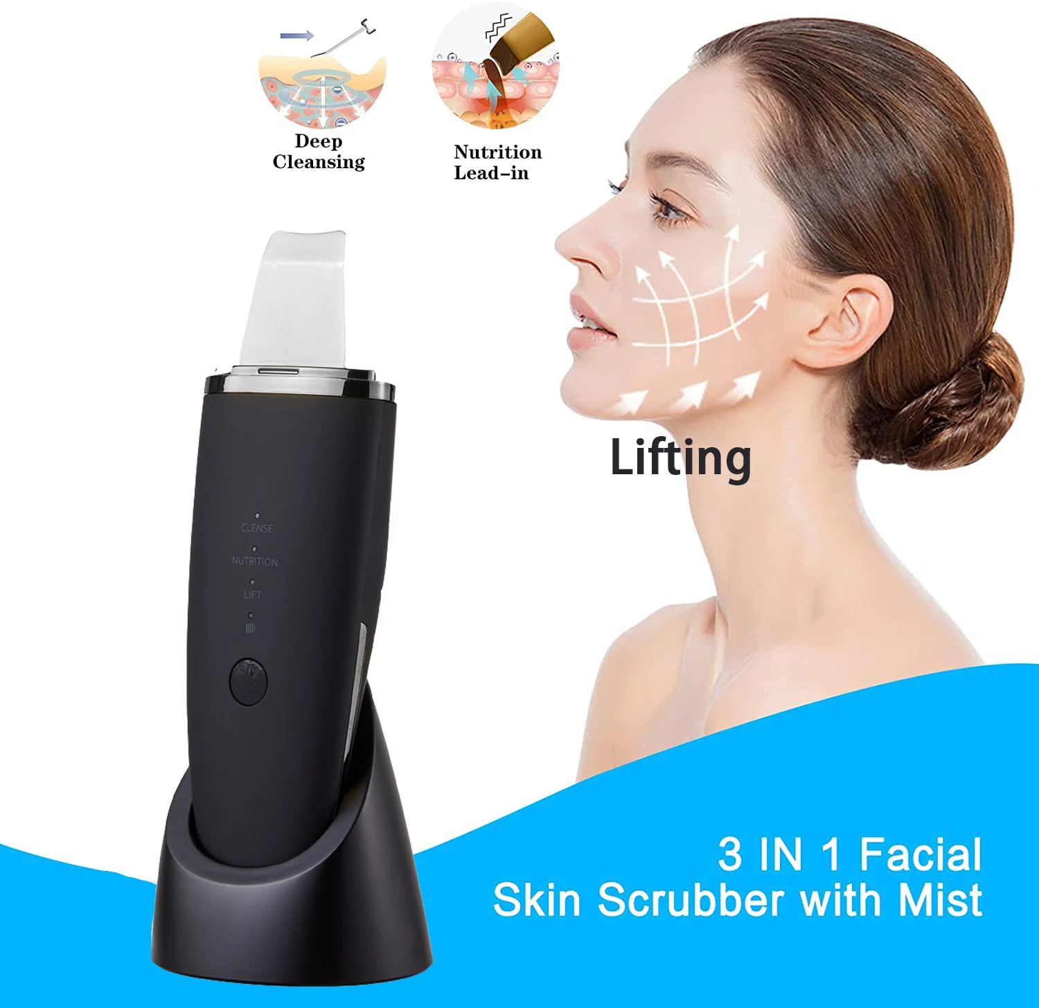 Facial skin scrubber ultrasonic shovel cleanser cleans dead skin exfoliating cavitation deep facial cleansing EMS skincare lesen