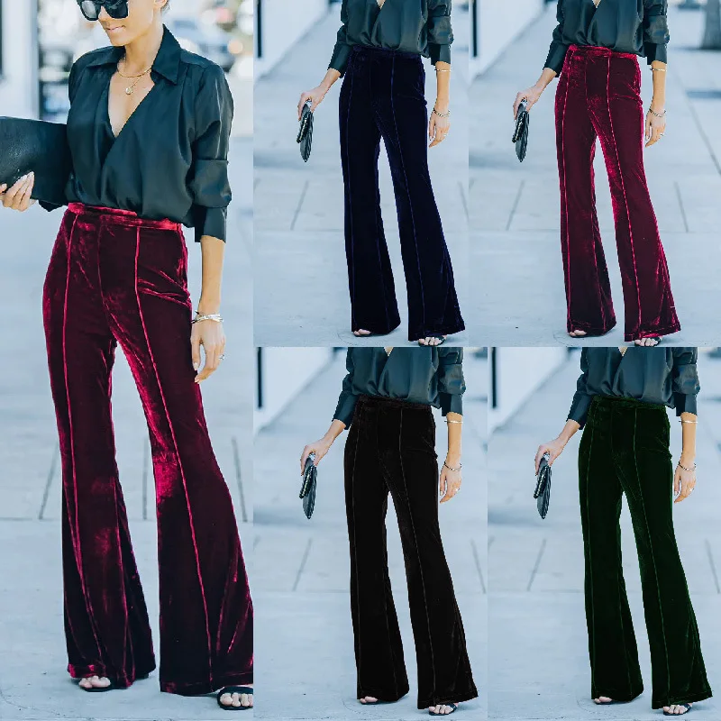 

2023 Pants Brand New Autumn Winter Women Pleuche Trousers High Waist Patchwork Flare Wide Leg Pants Casual Female