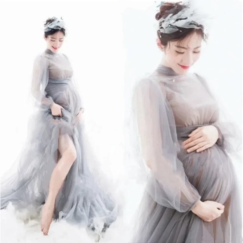 

Sexy Long Maternity Photography Props Dresses Tulle Perspective Pregnancy Dress Mesh Maxi Gown For Pregnant Women Photo Shooting