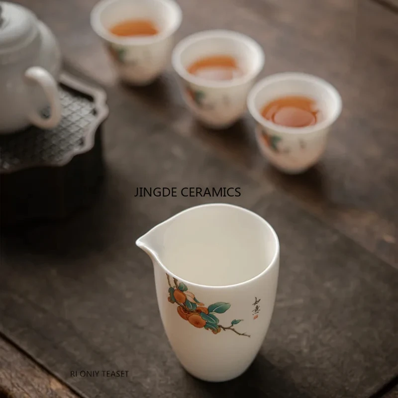 230ml Chinese Handmade Ceramic Fair Cup Cha Hai Hand Painted Peach Teacup Household White Porcelain Tea Set Accessories Teaware