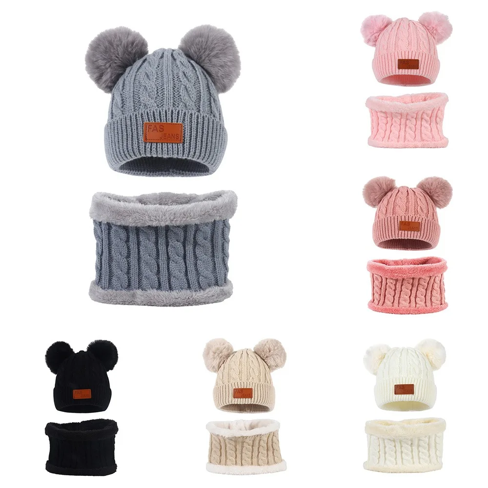 

2 PCS Baby Knitted Warm Hat with Scarf Set Winter Warm Skull Beanie Cap with Pompoms Boy Girl Neck Warmer for 1-5Y Kids Toddler