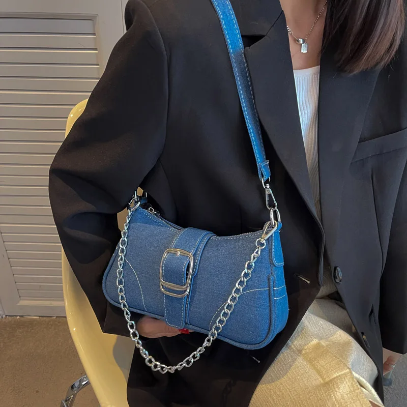 Buy Wholesale China Denim Blue Purse Leather Shoulder Strap Fashion Bags  With Lock Chains Internal Cotton Bag No Zipper & For Lv Shoulder Bags at  USD 27.78