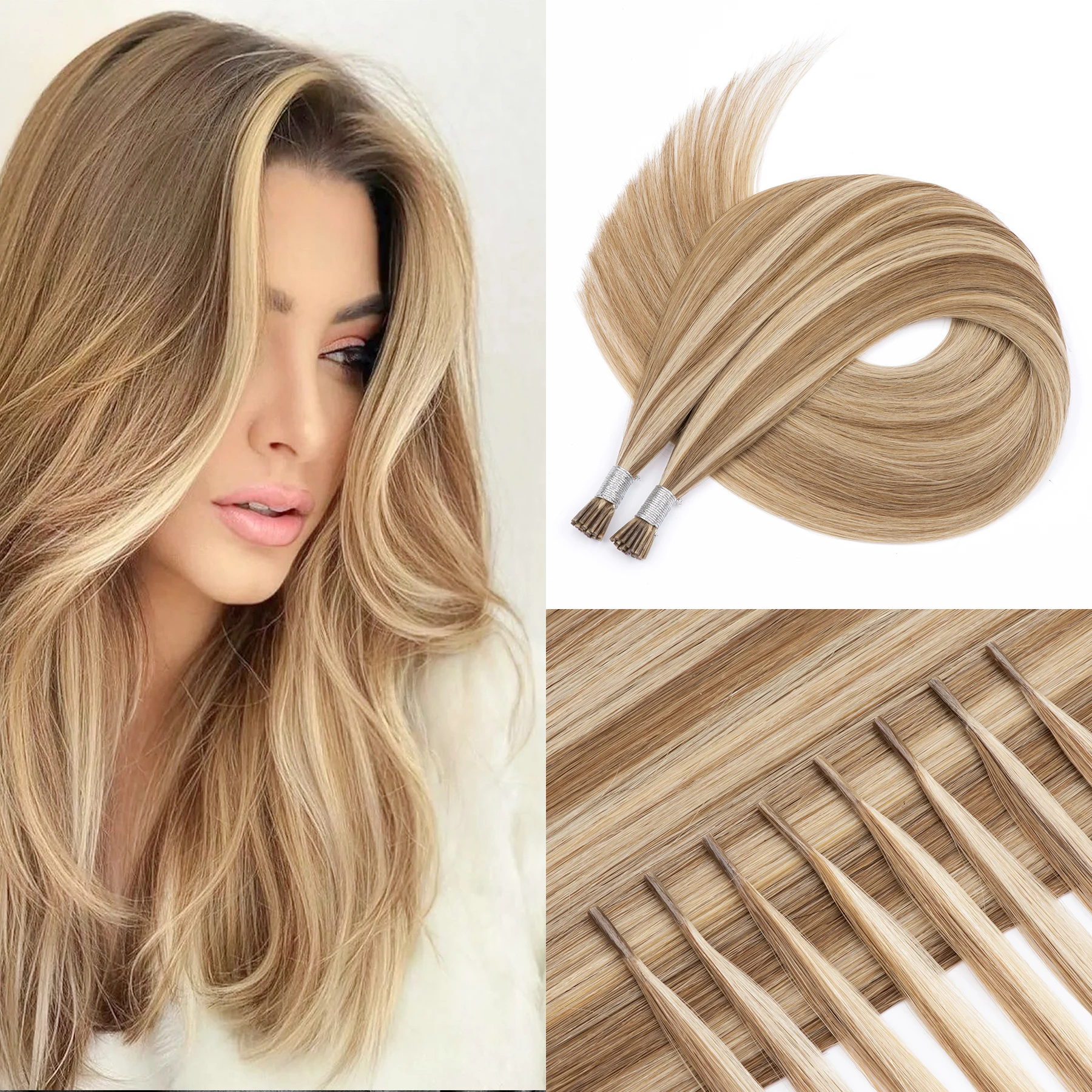 Brown Fusion I Tip Hair Extensions Human Hair Itip Extensions Real Human Ash Brown Highlight Blonde #8/613 Iti