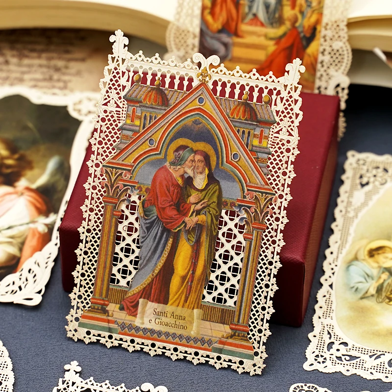Catholic Christian Decorative Holy Lace Card Saint Anne and Saint Joachim Bookmark Religious Figure Icon Church Gift 7x11cm
