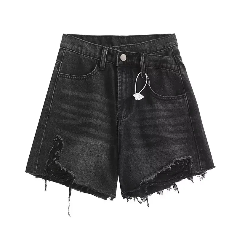 Dave&Di Ins Fashion Blogger Retro High Waist Denim Ripped Mom Shorts Women Summer Bermuda Ladies