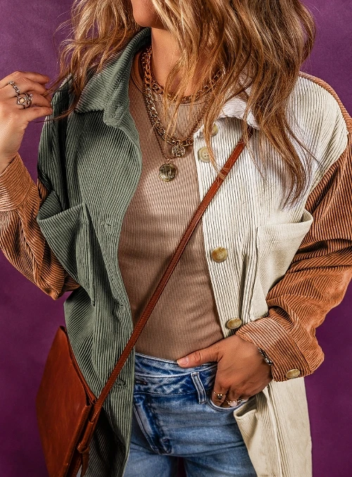 Fashionable Casual Autumn Long Sleeves Jacket for Women 2023 New Colorblock Buttoned Loose Corduroy Shacket Jacket mens zaful men s casual half buttoned letter palm tree graphic printed corduroy panel polo collar pullover sweatshirt l white