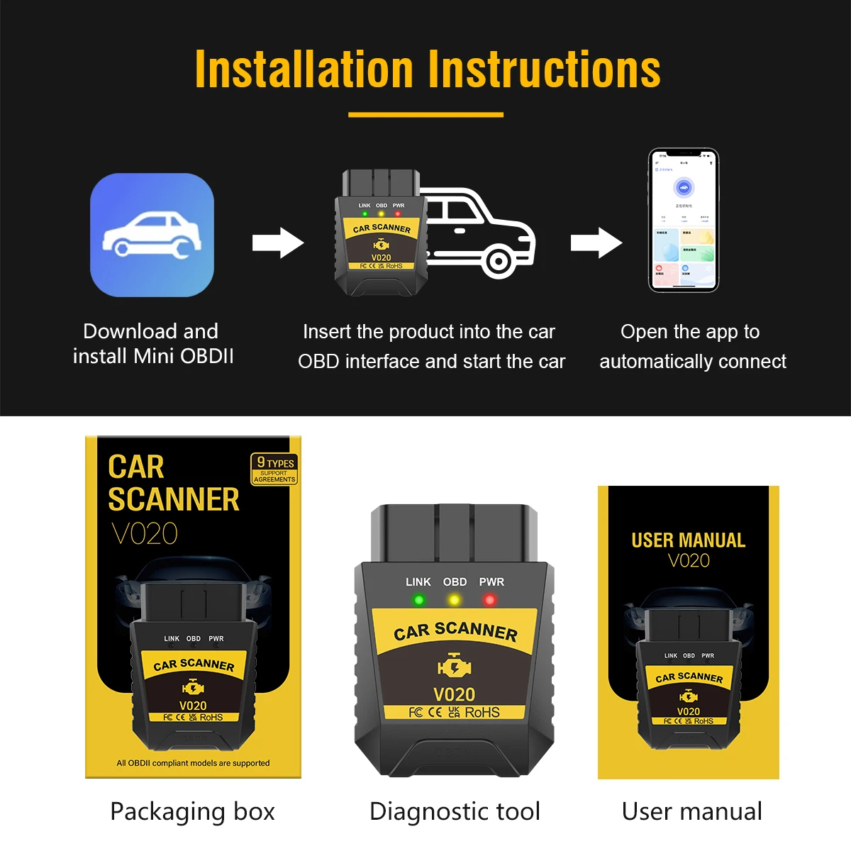 V020 Elm327 Bluetooth OBD2 Scanner for IOS/Android/PC ELM 327 Code Reader Clear Error Engine Car Fault Diagnostis Tool 5