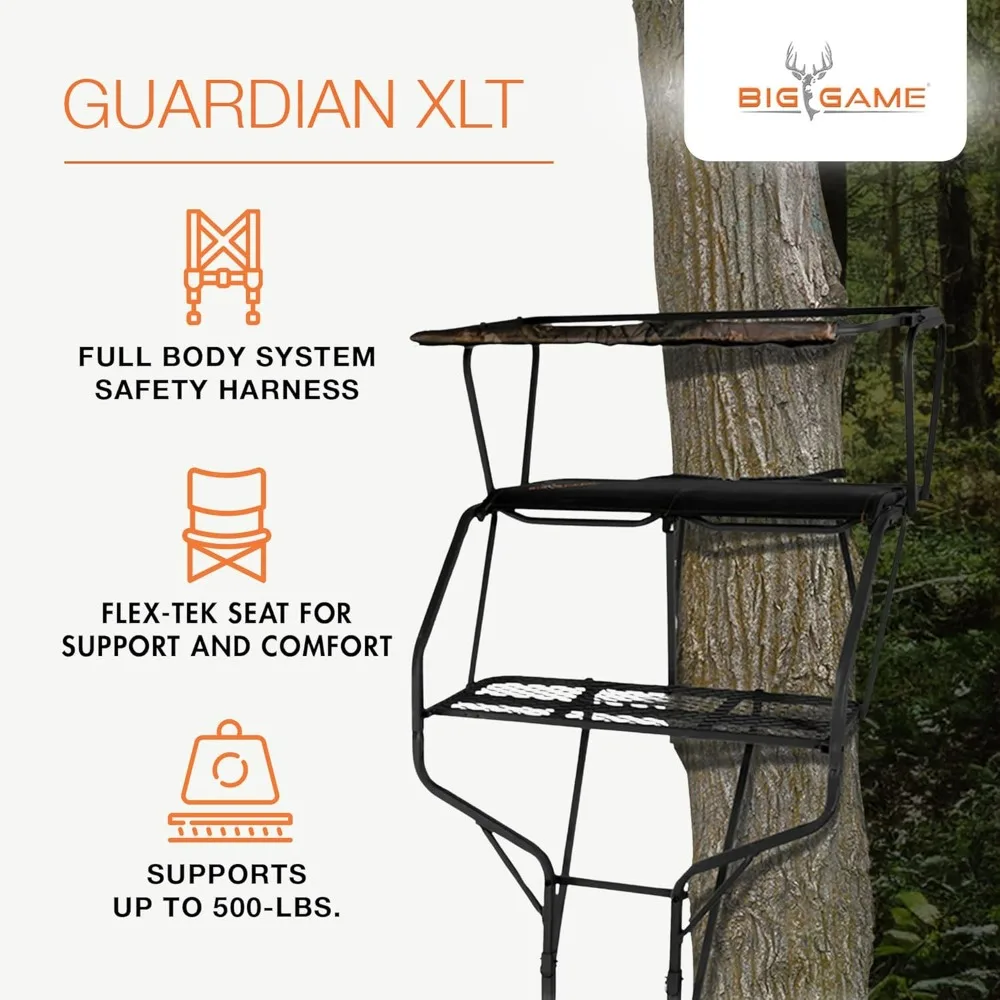 Hunting Deer 2-Person Ladder Tree Stand with Seats, 18 Feet Tall, Camouflage/Black - Adjustable Climbing Platform