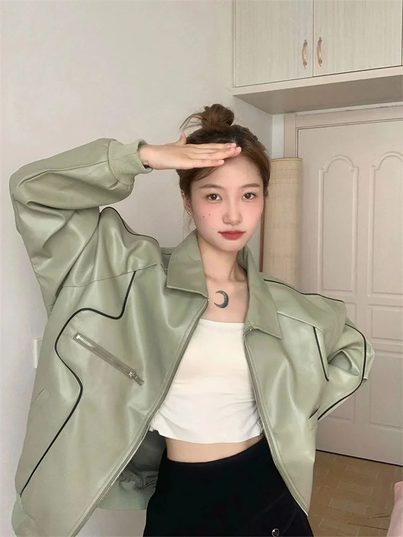American Retro Lazy Style Motorcycle Leather Coat Women's Autumn Winter New Design Senses Small Crowd PU Leather Jacket Women's