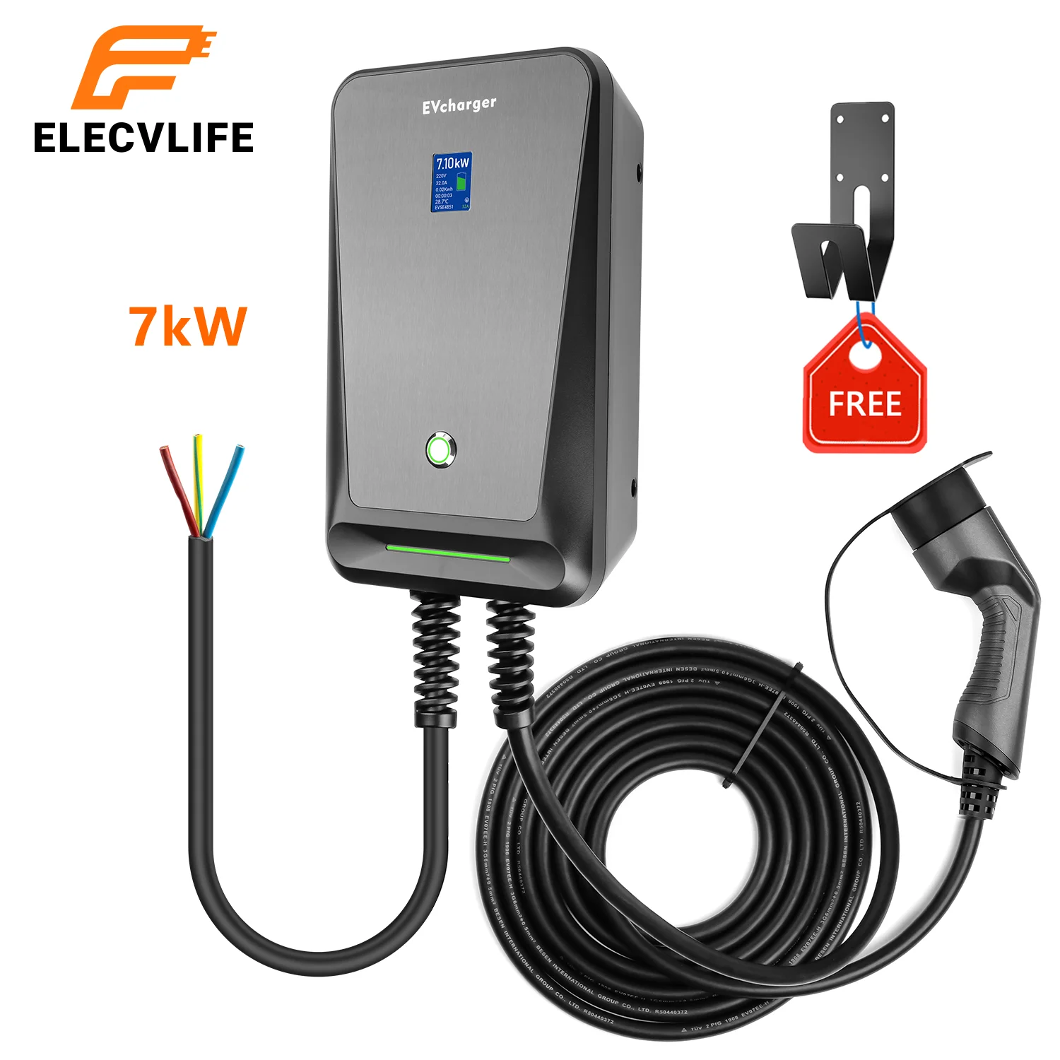Wallbox-7kw 32A EV 충전기, 타입 2 전기 자동차 충전기, EV 충전기, 벽걸이 형 EV 충전 스테이션, IEC 62196-2 충전 케이블