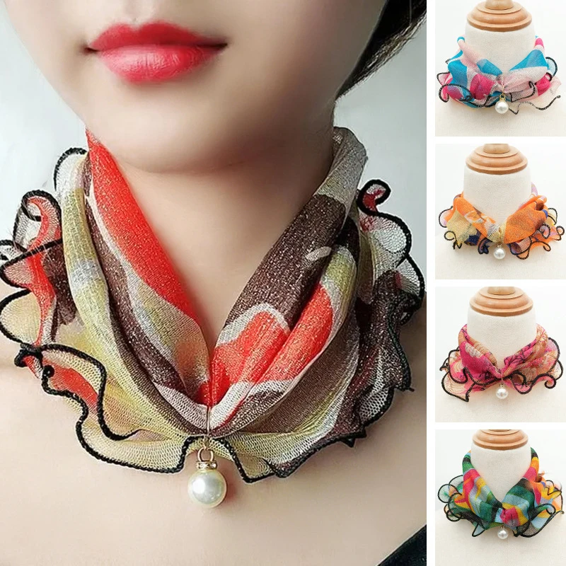 

Spring Summer Fashion Mesh Neck Collar Print Variety Loop Scarf Ruffle Lace Scarf Pearl Pendant Scarves Bandana Thin Headband