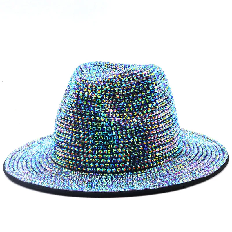 fedora hat Full Diamond Adjustable Flat Top Fedora Hat Bling Rhinestone Panama Spring Summer Men Wide Brim Felt Jazz Hats Women's Stage Hat mens straw fedora Fedoras