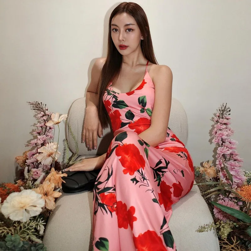 Vestido de moda con espalda descubierta y estampado para mujer, estilo vendaje, ajustado, elegante, de fiesta, con cordones, sexy, largo, para verano 2025