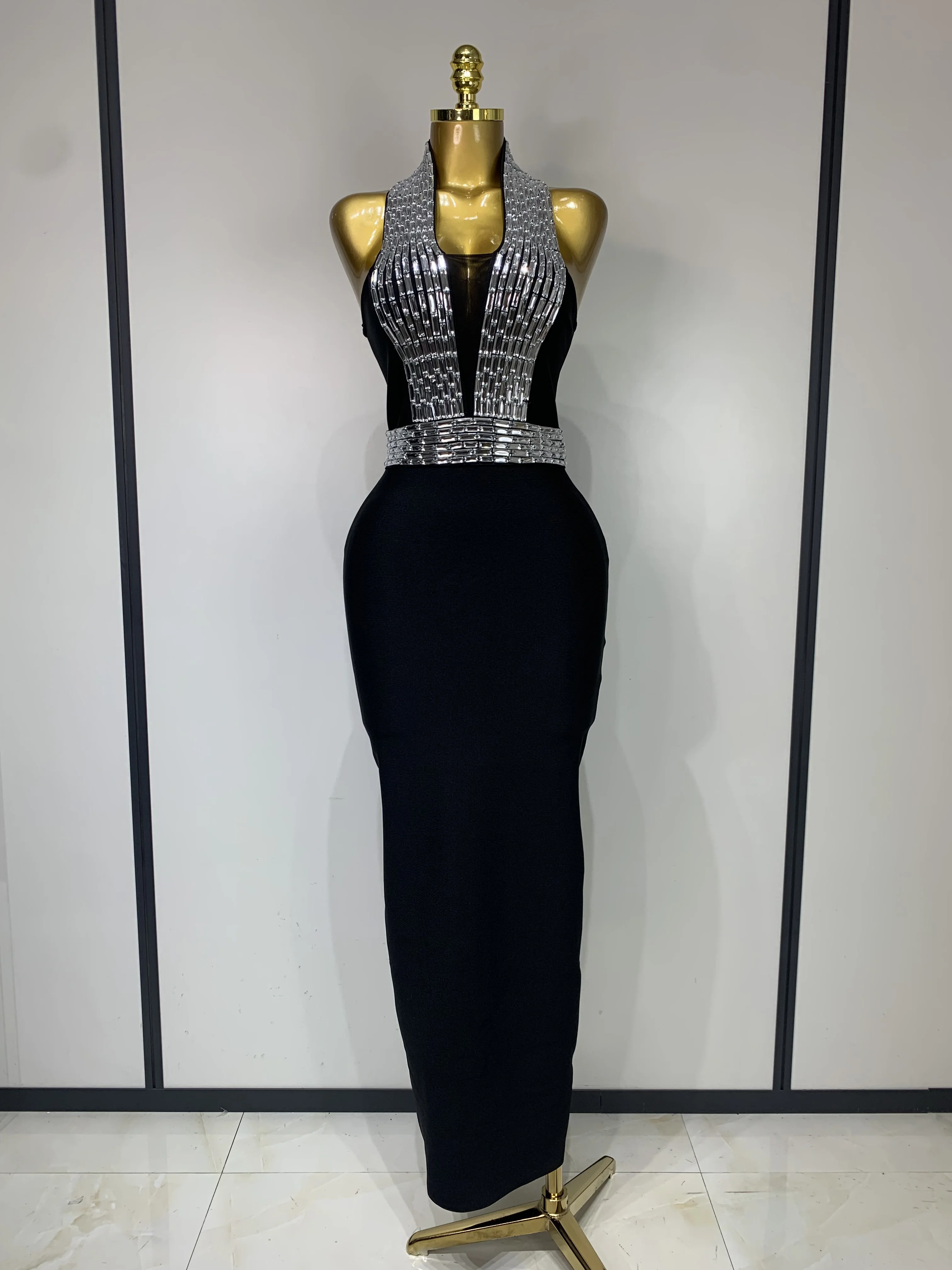 Women Celebrity Sexy Diamonds Flower Black Long Bodycon Bandage Dress  Elegant Evening Club Party Luxury Birthday Dresses