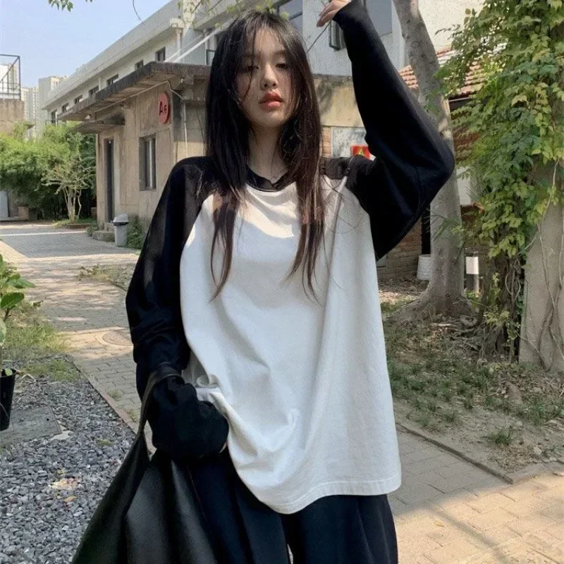 Casual Oversized T Shirt Y2k Tops Harajuku Long Sleeve O-Neck T-Shirts Spring Autumn Black White Patchwork Tees Women Streetwear 3
