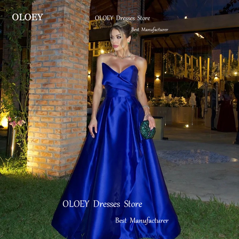 

OLOEY Elegant Blue Satin Evening Dresses Women Dubai Arabic Sweetheart Satin Prom Gowns Formal Dress Occasion Wedding Party