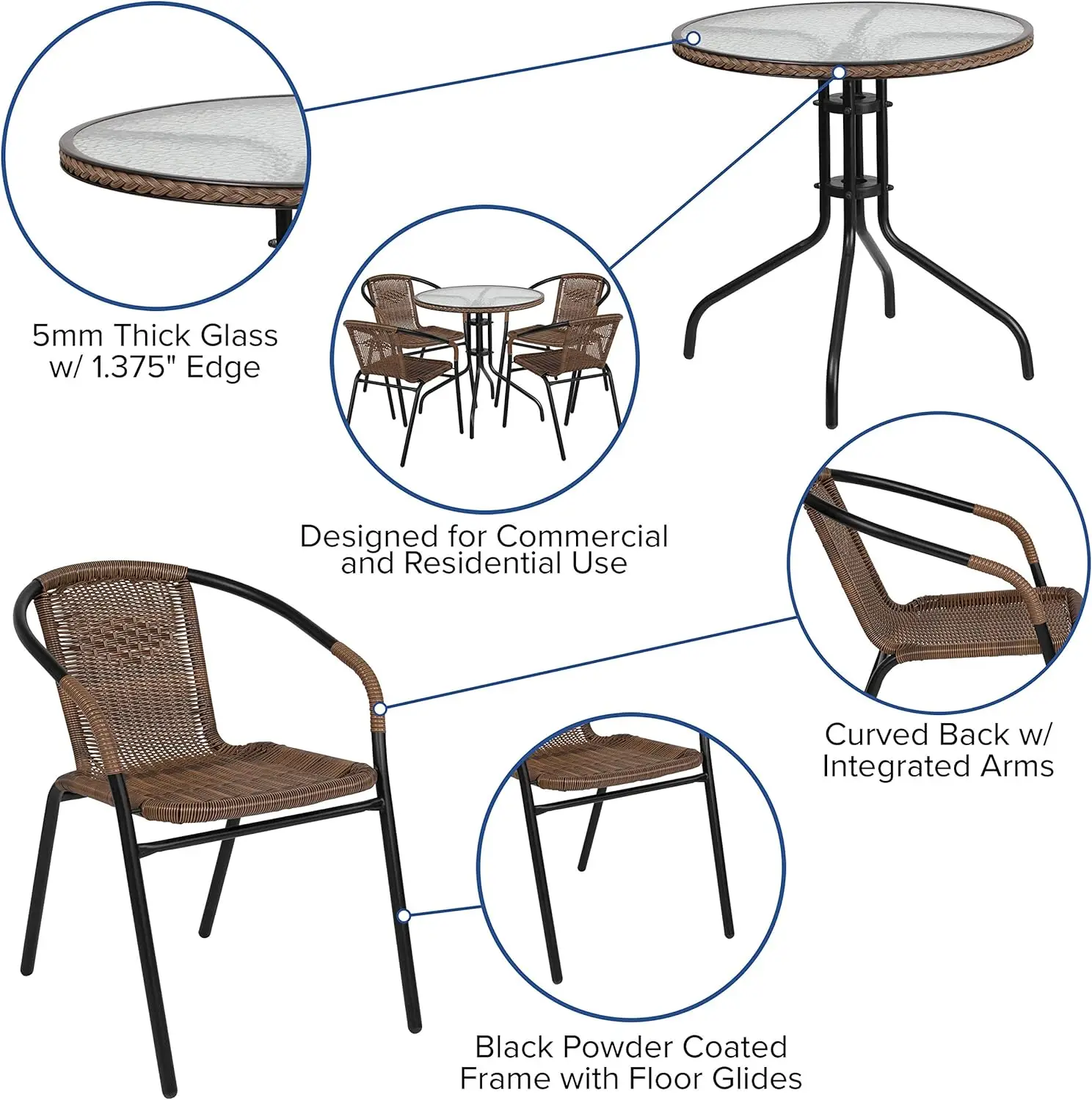 Lila 28'' Round Glass Metal Table with Dark Brown Rattan Edging and 4 Dark Brown Rattan Stack Chairs