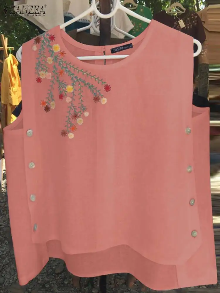 

Топ ZANZEA женский с круглым вырезом, праздничная Повседневная Блузка с цветочным принтом, винтажная свободная мешковатая майка без рукавов, на пуговицах, лето 2024