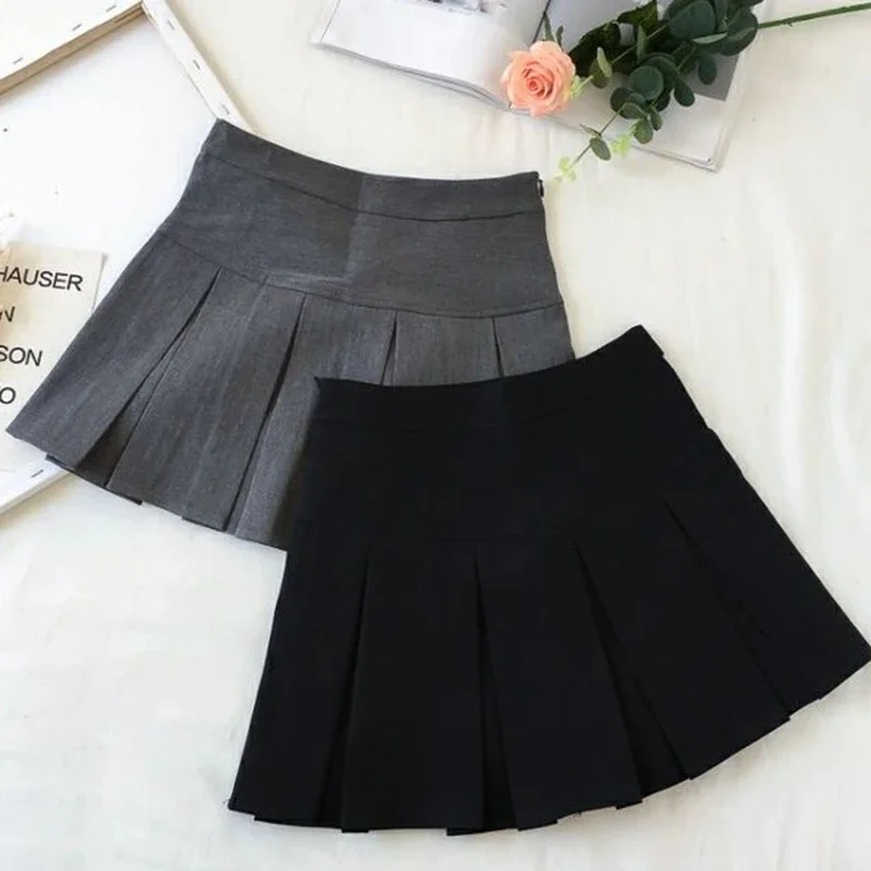 Fashion A Line Women Pleated Skirt High Waist Zipper Grey Student Mini Skirt JK Summer New Black Ladies Suit