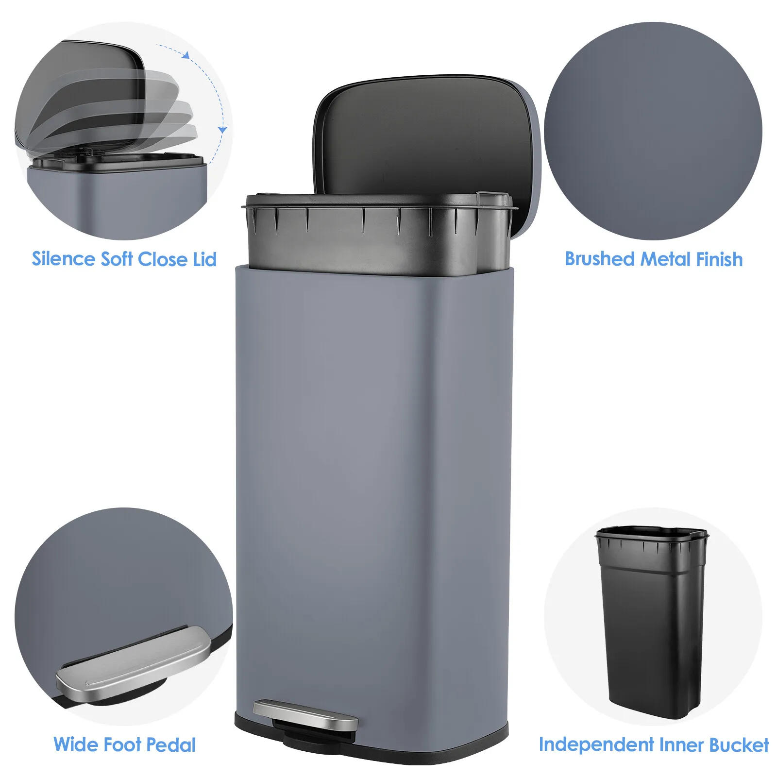 Homfa 30L Stainless Steel Step Trash Can Kitchen Garbage Can W/ Soft Close, Black,White, Silver, Gray, Red