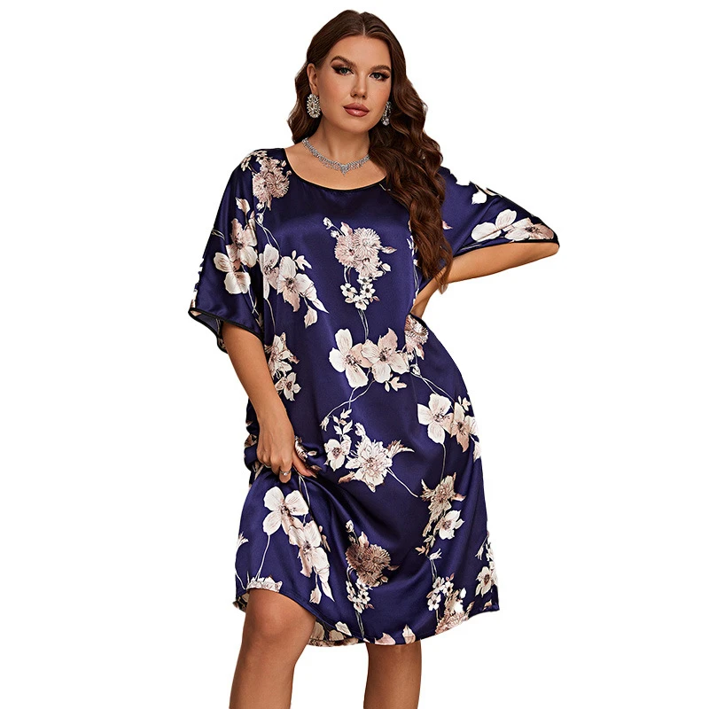 Summer Thin Pajamas Round Neck Half Sleeved Dress Female Plus Size Leisure Wear Imitation Silk Nightgown Women's Home Clothes