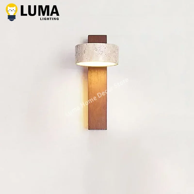 Luma Japanese Wabi Sabi Yellow Travertine Wall Lamp With Pull Chain Switch Rotable LED Wood Stone Lights for Bedside Apartment led light led wall lamp wall light
