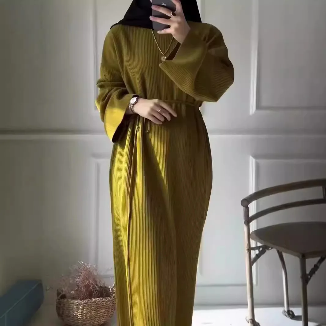 Casual Knitted Dr round Ne Long Sve Belted Loose Waist Spring Autumn Women's Faion Ele Sle Long Dr