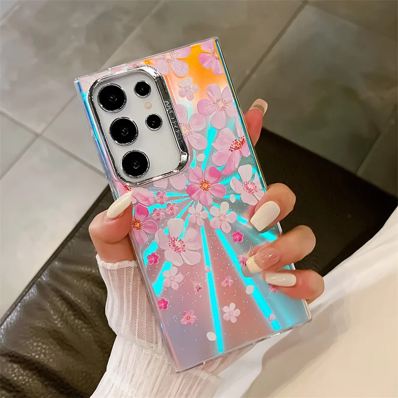 Coque de téléphone à motif de fleur laser pour Samsung Galaxy S25 A14 A15 A55 A54 A25 A35 A34 S23 FE S24 Plus S22 Ultra Hard PC Matte Back Cover_voghion.com