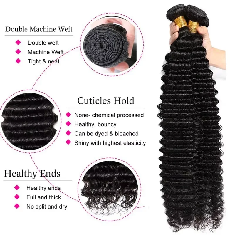 42 Inch Natural Color Deep Wave Human Hair Bundles - 250 High Density 1/3/4 Pcs Pack 100% Virgin Hair Silky Thick Full-Bodied We