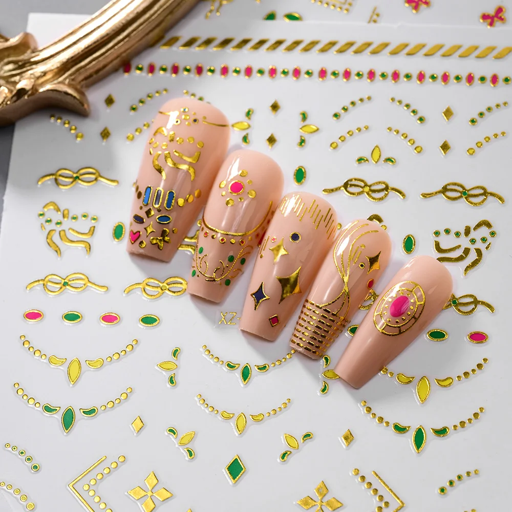 1pcs 3D 브론징 보석 컬러풀 네일 스티커 민족 스타일 보헤미안 디자인 셀프 접착 데칼 DIY 매니큐어 장식 네일 용품