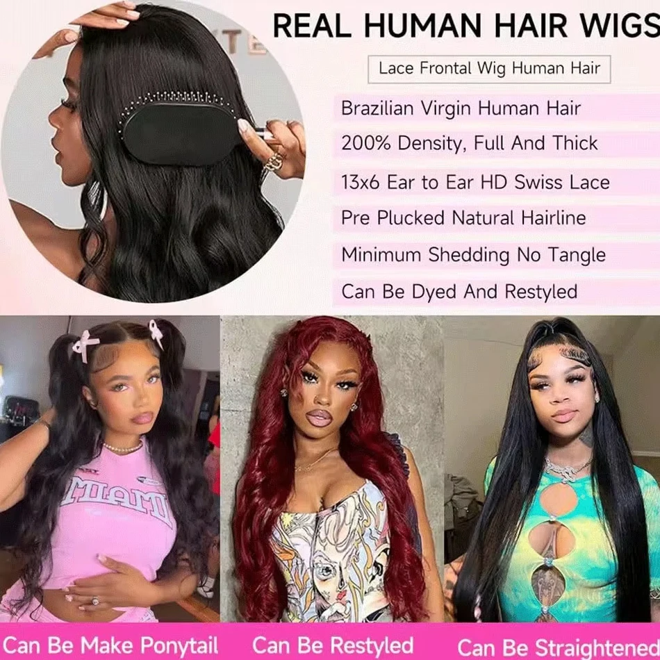 38 40 Inch 200% Density 13x4 Lace Frontal Body Wave Human Hair Wigs Brazilian Virgin 13x6 Highlight Transparent Lace Front Wig For Women Pre Plucked With Baby Hair Loose Wave Wig 7