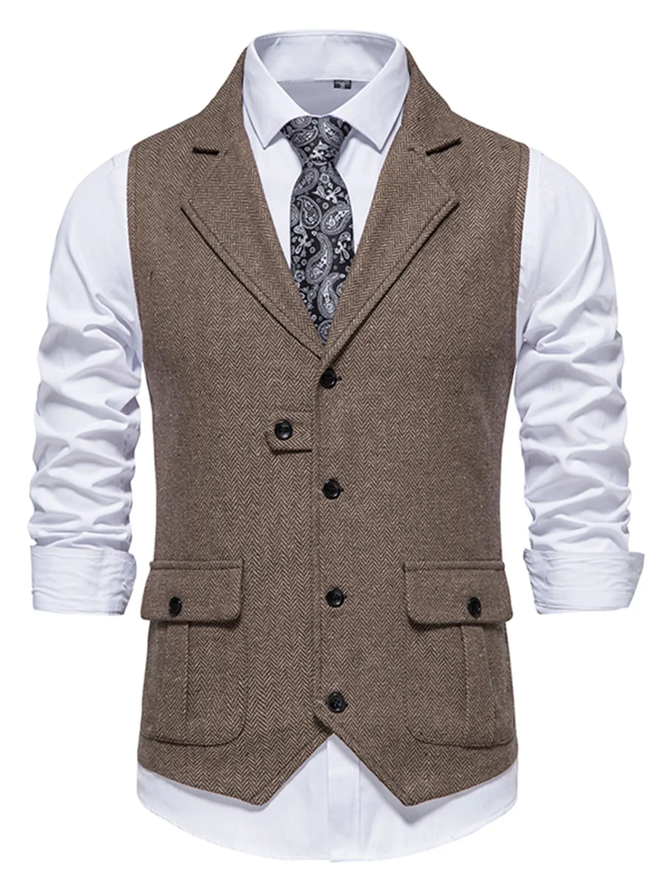 Elegante Herren-Weste mit Fischgrätenmuster für Geschäftsbankette und Hochzeiten. Stilvolle und bequeme Herren-Freizeitweste – Detail 3