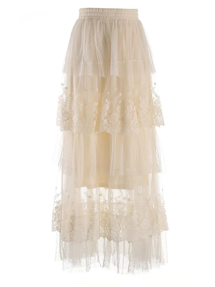 

Women Apricot Mesh Lace Perspective Elegant Half-body Skirt High Elastic Waist Fashion Tide New Spring Summer O170