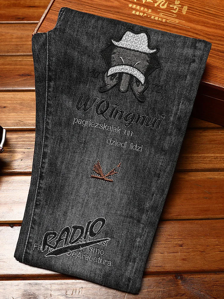 2024 New Elastic Black Gray Jeans Men's Slim Fit Skinny High-End Embroidery Personal Leisure Fashion Brand Street Pants