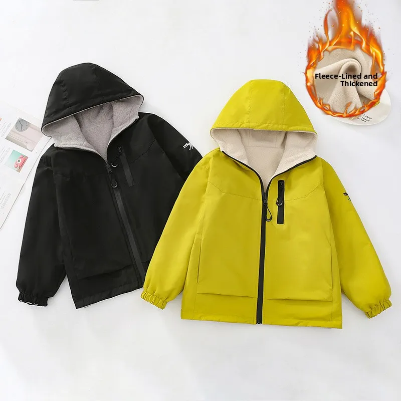 남아용 캐주얼 플리스 안감 방수 재킷 양면 착용 가을 겨울 코트 7-16세 어린이용 폴리에스터 섬유