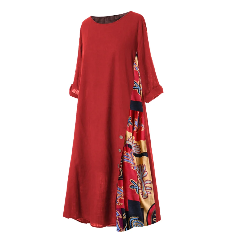 Women Vintage Maxi Dress Summer Solid O Neck Stitching Printed 3/4 Sleeve Side Buttons Dresses Loose Casual Long Dress Plus Size