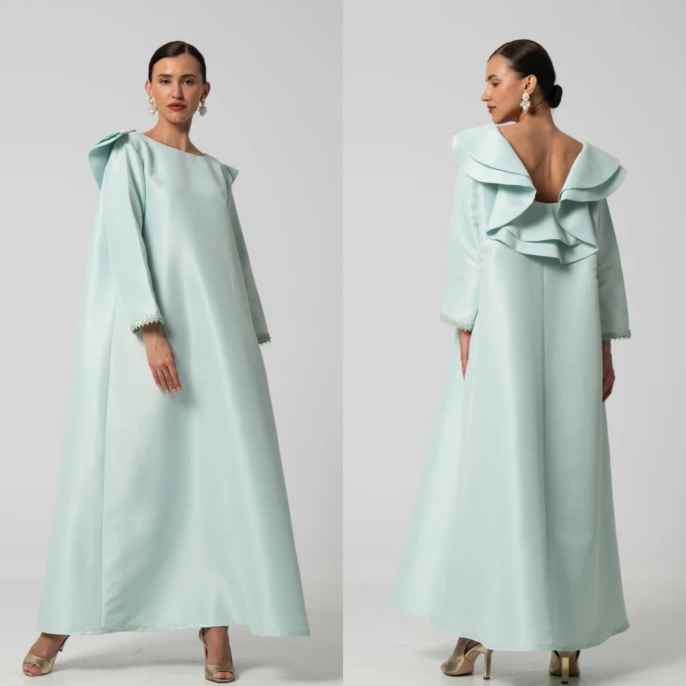 

Prom Dress Evening Satin Draped Ruched Pleat Engagement A-line O-Neck Bespoke Occasion Gown Long Sleeve Dresses Saudi Arabia