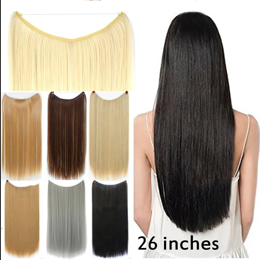 Synthetic Hair Extensions 26 Inch Long Straight Gray Black Blonde Fish Line Halo Invisible Hairpiece Hair Accessories hair extensions