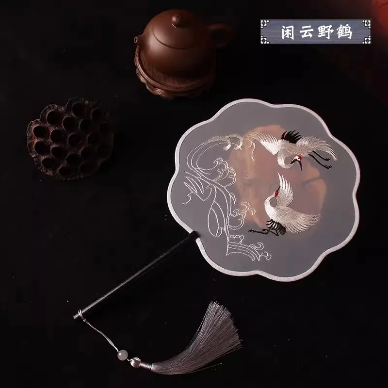 Chinese Round Silk Fan Double-Sided Embroidery Handmade Vintage Palace Fan for Hanfu Cheongsam Dance Performance Costume