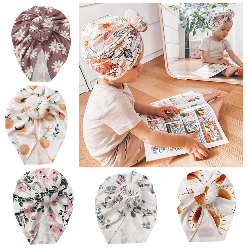 Baby Accessories luxury	 Flower Print Baby Indian Turban Hat Cute Knot Boys Girls Cap Head Wrap Soft Cotton Newborn Infant Beanies Kids Hat Headband 0-1Y Baby Accessories