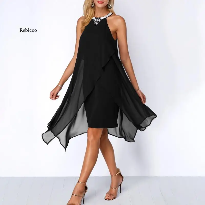 

Women Summer Round Neck Fashion Chiffon Sleeveless Dress Irregular Double Layer Beach Party sexy Loose Dresses