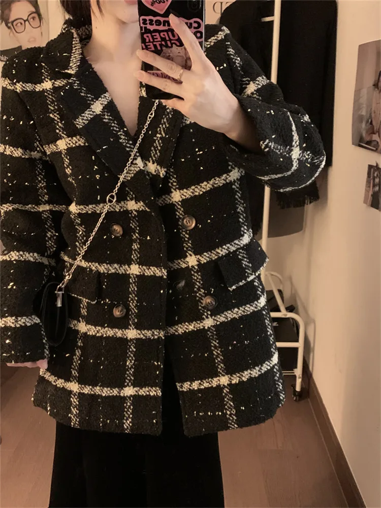 

Women Double-breasted Long Woolen Coat Fall Winter Fashion Casual Black Plaid Jacket Elegant Vintage Chic Wool Blazer Outwear